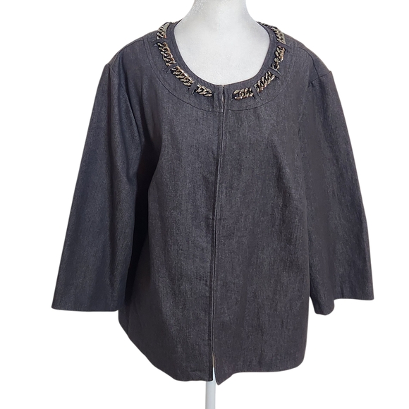Cato Gray Denim Chain Embellished Jacket Size 18/20W Cato Woman Denim Jacket - Picture 1 of 9